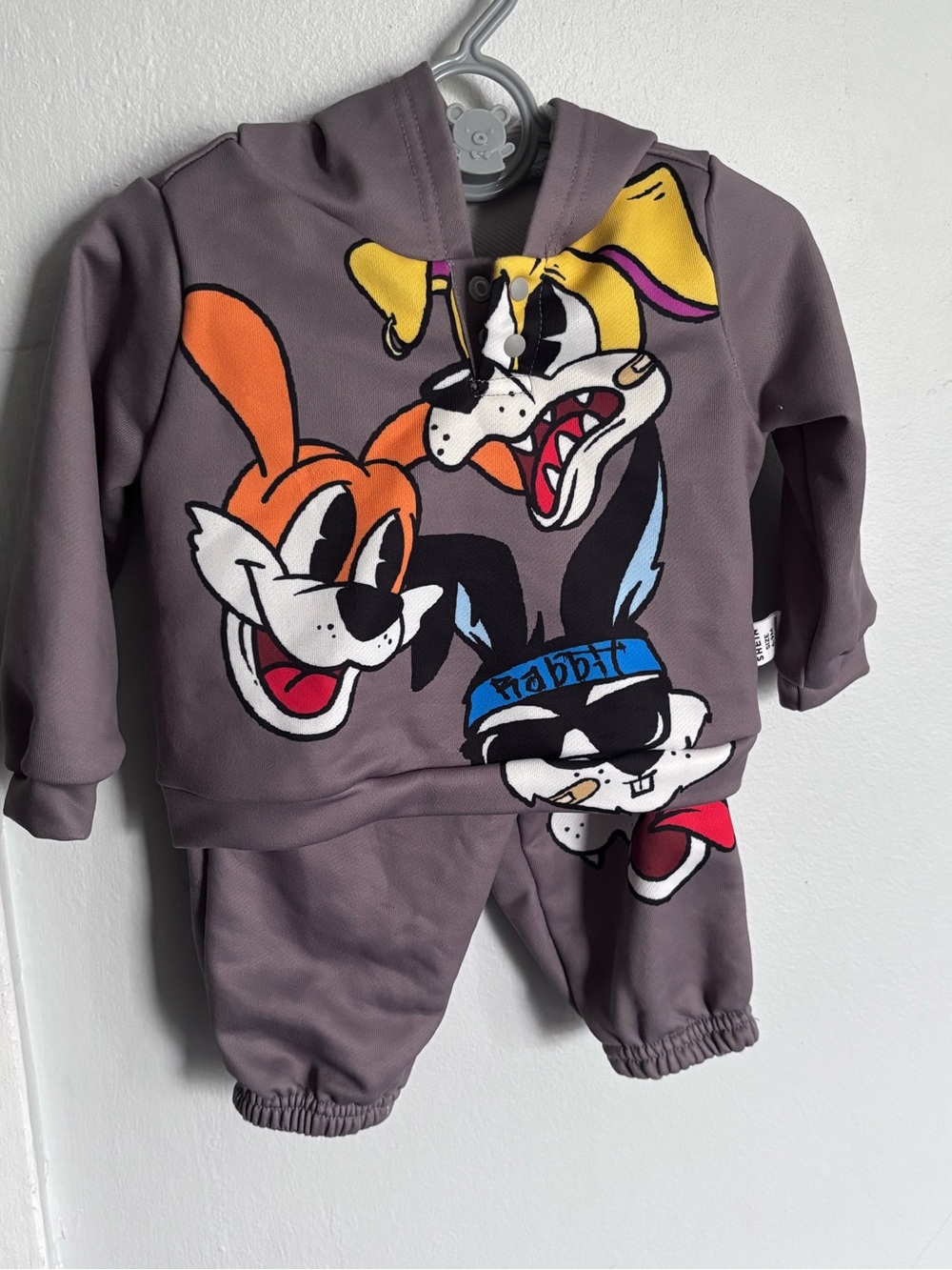 SHEIN Gray Kids Hoodie & Jogger Set with Colorful Cartoon Dogs